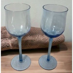 2 Light Cobalt Blue Glass Hollow Stemmed Wine Water Glass Goblets 8.5” Tall